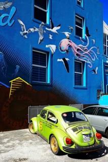 Green VW Beetle in front of painted house facade