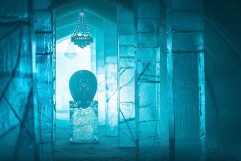Entrance hall with sculpture and chandelier made of ice