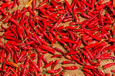 Chili's are drying in the sun on a braided mat