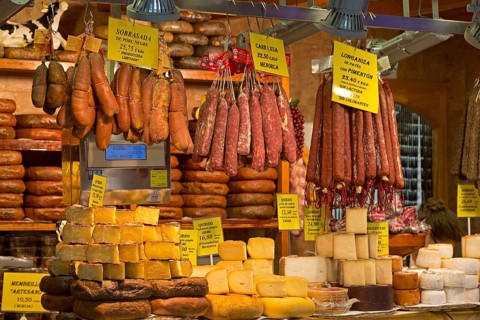 Stall with sausages and cheeses