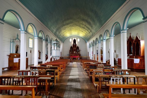 Interior of the wooden church Iglesia de Nuestra Senora del Patrocinio