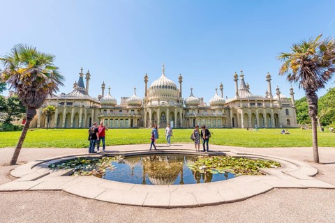 Water lilies in a small pond in front of Royal Pavilion Palace