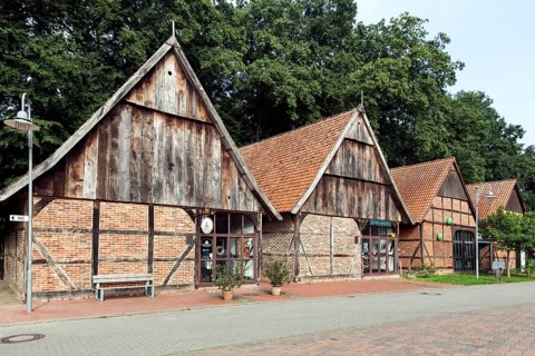 Barn district with historic barns in half-timbered style