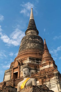 Buddha statue in front of large Chedi