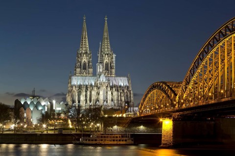 Cologne Cathedral and Philharmonic Hall with Hohenzollern Bridge