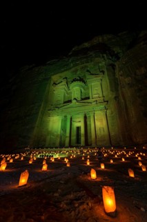 Candles in front of the Pharaoh's treasure house at night