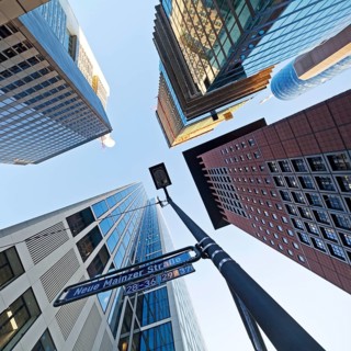 Frog's eye view of skyscrapers in the banking district