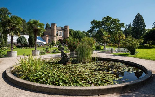 Water lily basin in front of the arched building