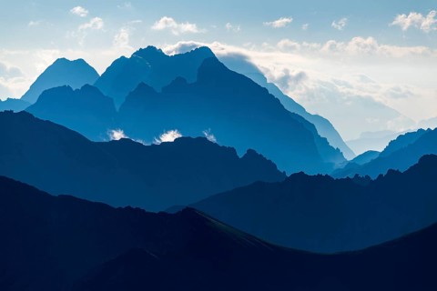 Ehrwald mountains in blue morning mist