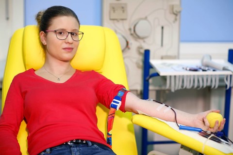 Patient taking a blood sample at the transfusion ward of a hospital