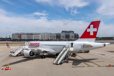 A Bombardier CS100 from Swiss airline Swiss is ready for departure at London City Airport