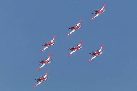 PC-7 team of the Swiss Air Force at a flight show on the occasion of Air & Days in Lucerne