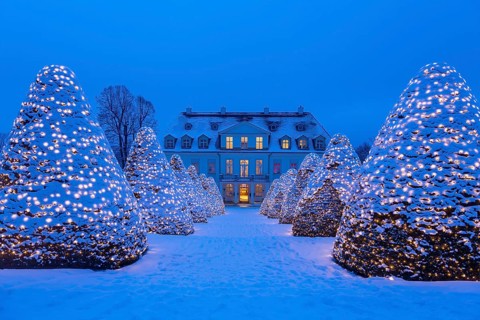 Winery Schloss Wackerbarth with Christmas lights on snow