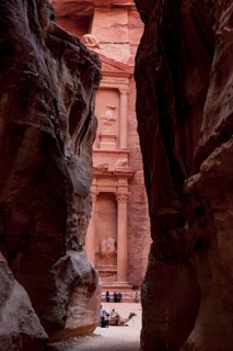 View from the gorge Siq to the Pharaoh's treasure house carved into the rock