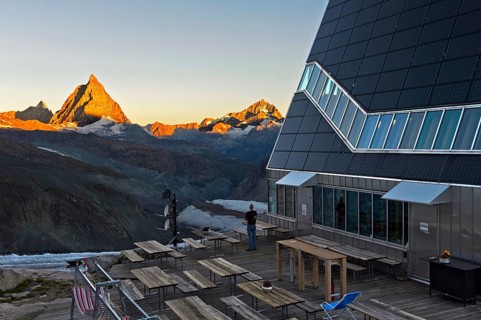 View from the Monte Rosa hut to Matterhorn and Dent Blanche in the morning sunshine