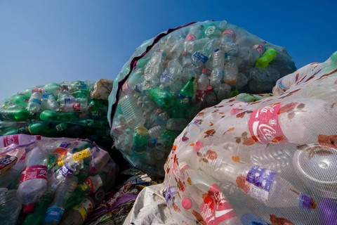 Big nets full of empty plastic bottles for recycling
