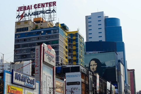Advertising signs on high-rise facades