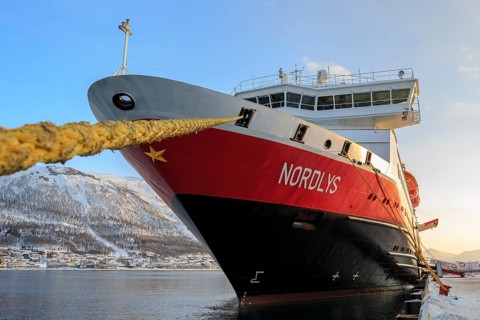 Hurtigruten MS Nordlys anchored in the harbor