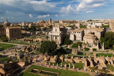 Top view of Roman Forum ruins with Curia
