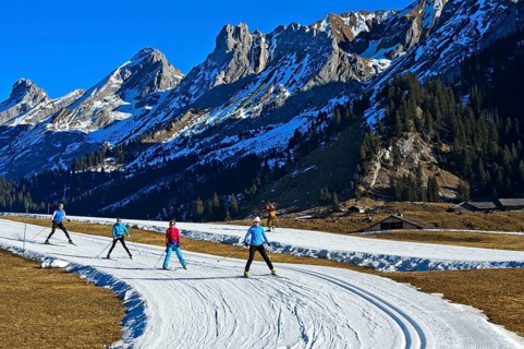 Cross-country skiers in front of Massif des Aravis