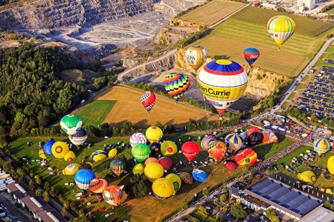 Different colored hot air balloons rising into the air