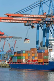 Containers are loaded onto cargo ship