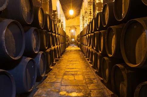 Stacked oak barrels in the wine cellar