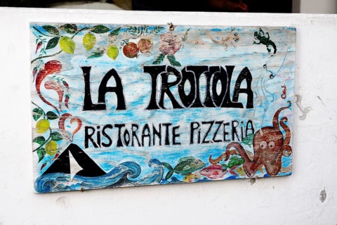 Stromboli volcano as motif on pizzeria advertising sign