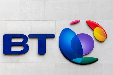 Logo at the head office of the telephone company British Telecom