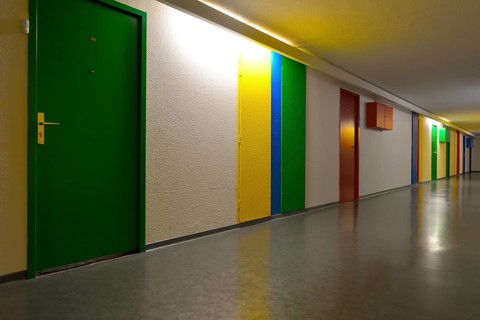 Hallway with colorful doors