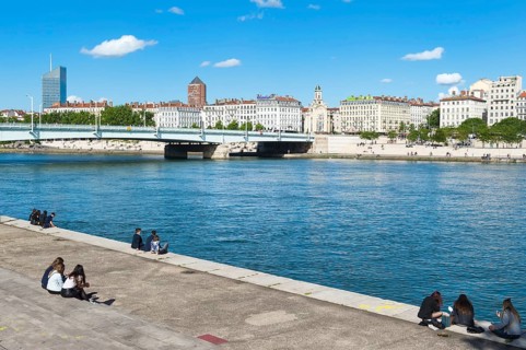 Rhone Banks with Lyon skyline and pencil skyscraper, Lyon