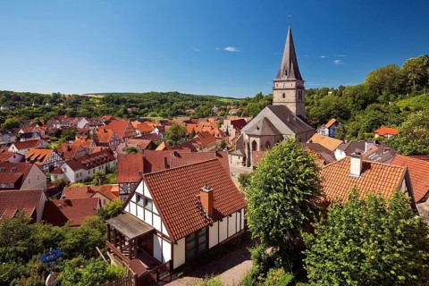 Look on medieval town with the historic centre church