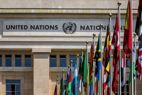 Flags in front of the Palace of Nations