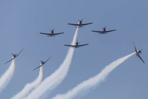 PC-7 team of the Swiss Air Force at a flight show on the occasion of Air & Days in Lucerne