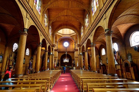 Interior of the wooden church Iglesia de San Francisco