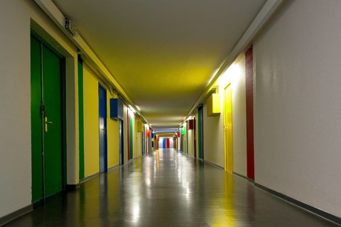 Hallway with colorful doors