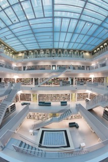 Gallery with stairs and view of city library
