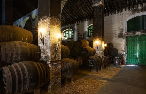 Stacked oak barrels in the wine cellar La Catedral