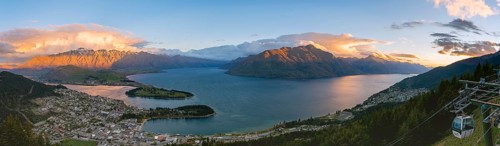 View of Lake Wakatipu and Queenstown at sunset