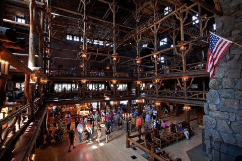Lobby of Old Faithful Inn Hotel