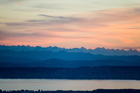 View from Gehrenberg to Lake Constance and Swiss Alps