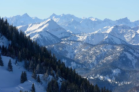 View from Wallberg to Karwendel Mountains in winter with Kaltwasser Karspitze
