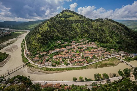 View on hilly landscape with Gorica district at the river Osum