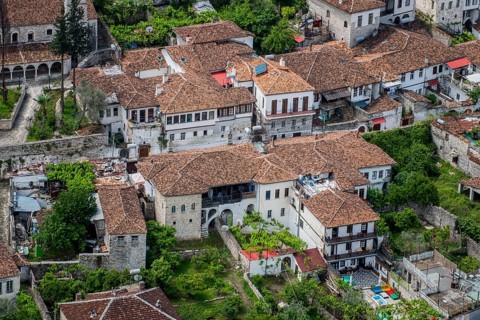 View on houses with old tiled roofs