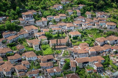 View on houses with old tiled roofs