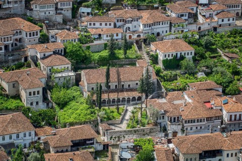 View on houses with old tiled roofs