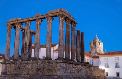 Roman temple of Diana in front of the Santa Maria Cathedral at twilight