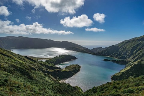 Lagoa do Fogo in volcanic mountain landscape
