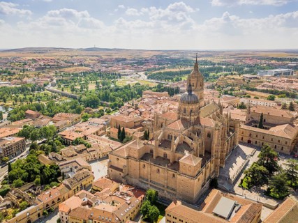Drone image of Salamanca with new and old cathedral