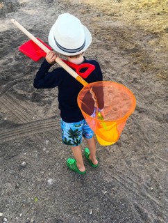 Boy with a fishing net on the beach